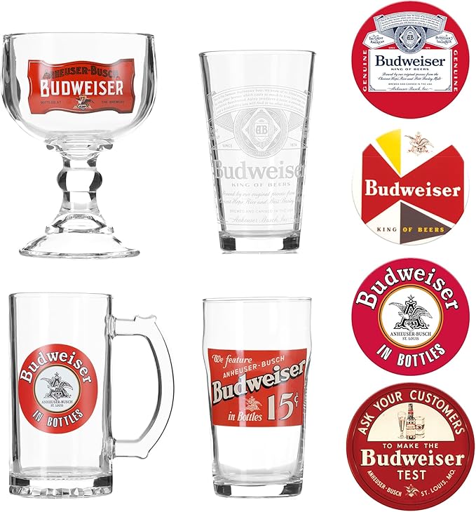 Budweiser 4 Beer Glass and Coaster Deluxe Gift Set