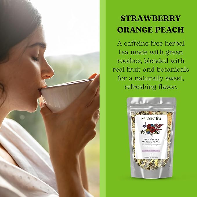 Nelson's Tea Strawberry Orange Peach - Caffeine Free Herbal Rooibos Loose Leaf Tea - Irresistable Blend of Green Rooibos, Orange Peel, Marigold and Strawberries - Fruit Loose Leaf (16 oz)