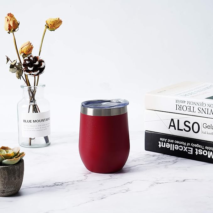 12 Pack Stainless Steel Wine Tumblers, 12Oz Double Wall Vacuum Insulated Wine Tumblers with Lids and Straws, Stainless Steel Stemless Wine Glasses for Coffee, Wine, Cocktails, Champaign, Wine Red…