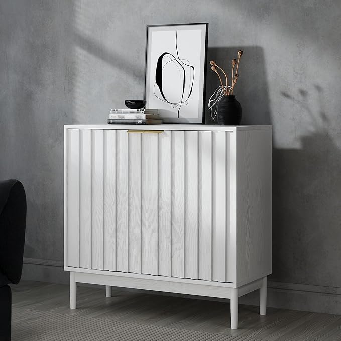Fluted Cabinet with Storage, Buffet Cabinet Sideborad with 2 Doors, White Buffet Storage Accent Cabinets with Adjustable Shelves for Living Room, Entry, Hallway, Kitchen