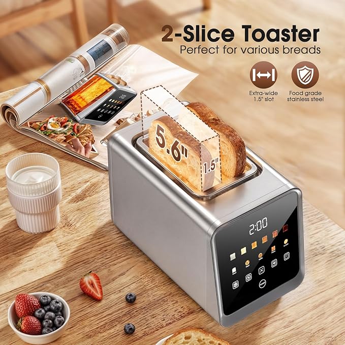 2-Slice Smart Toaster, Digital Touchscreen with Memory Function, 1.5" Extra-Wide Slots, 5 Bread Types & 6 Browning Settings, 900W for Fast Toasting, Defrost & Reheat Modes