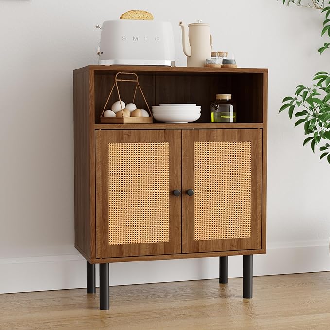 Rattan Storage Cabinet, Boho Accent Cabinet with Double Doors, Small Freestanding Sideboard for Hallway, Laundry Room,Kitchen, Dining Room, Entryway(Walnut)
