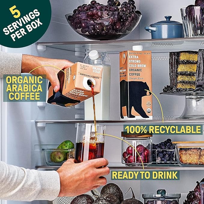 Wandering Bear Espresso Roast Organic Cold Brew Coffee - Extra Strong Bold, Smooth, No Sugar Added, Shelf-Stable, Ready to Drink, 100% Organic Iced Cold Brewed Coffee Drink - 32 fl oz, 6 pack