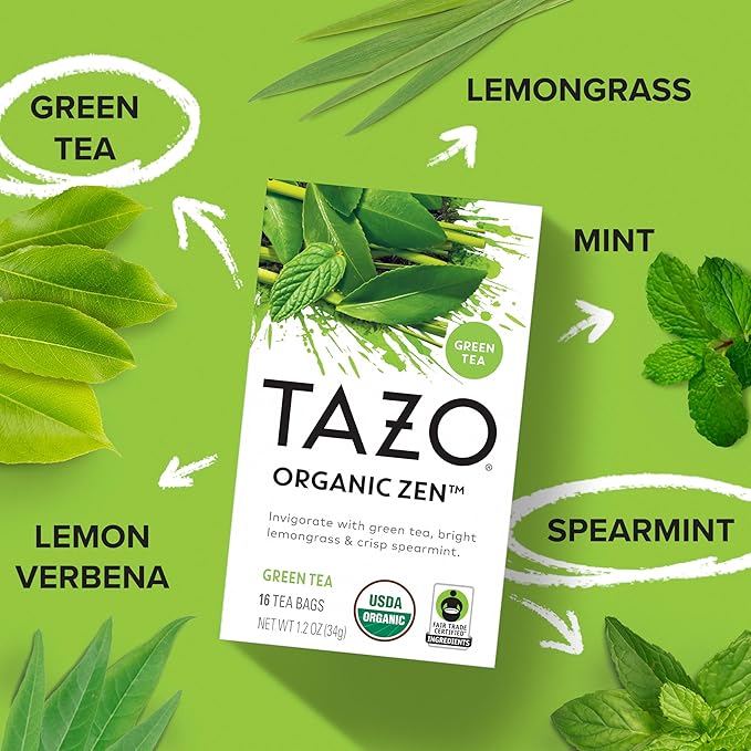 TAZO Organic Zen Green Tea Bags, Caffeine Free Tea with Refreshing Lemongrass & Spearmint, 96 Total Tea Bags (16ct - Pack of 6)