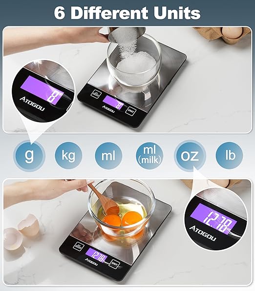Atogou Food Scale, 33lb Rechargeable Kitchen Scale with Full-View Backlit LCD Display, Waterproof Stainless Steel Surface, Type-C Charging, Grams and Ounces for Baking, Cooking, Food Black