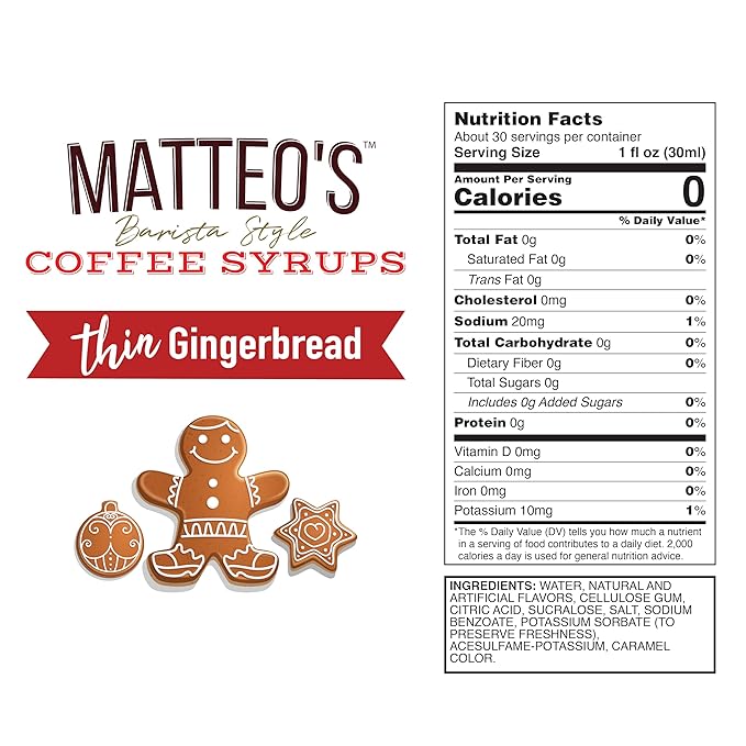 Matteo's Gingerbread Syrup for Coffee, Lattes, Cappuccinos & Desserts – Sugar-Free Sweetener for Beverages, Keto Friendly, Zero Calories, Indulgent Flavor, Non-Alcoholic, Ideal for Coffee 33.8oz (1pk)