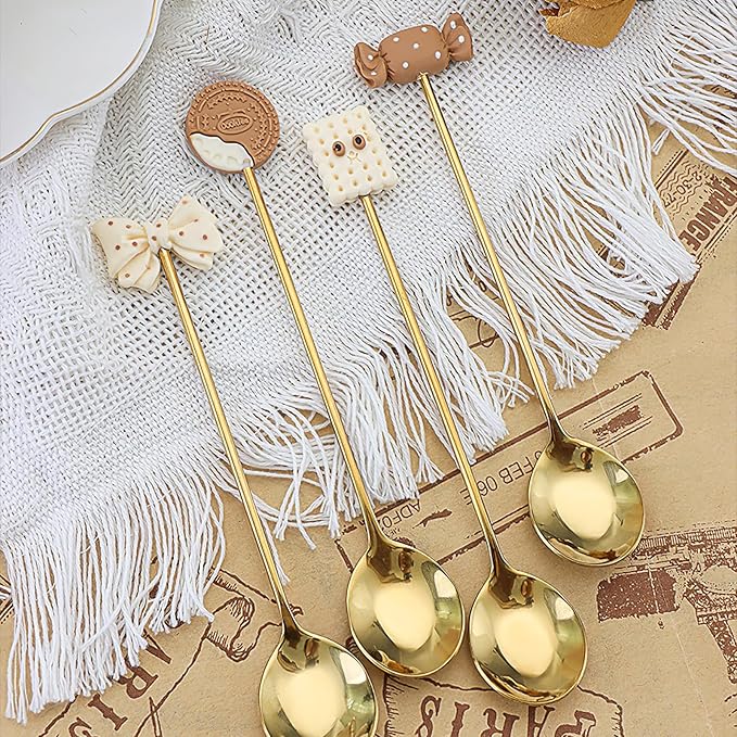 4-Piece Cute Cookie Gold Long Handle Coffee Spoons- 5.5" Teaspoons Stainless Steel Scoops for Coffee & Tea & Dessert Spoon, Perfect for Coffee Stirrers Small Tableware(Gift Packing#B)
