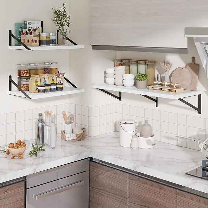 Deep Wall Shelves 36"W x 12"D Engineered Wood Floating Shelves for Wall, Sturdy Metal Bracket Bookshelves Home Decor Storage for Living Room Bedroom Bathroom Kitchen, Set of 2, White Finish