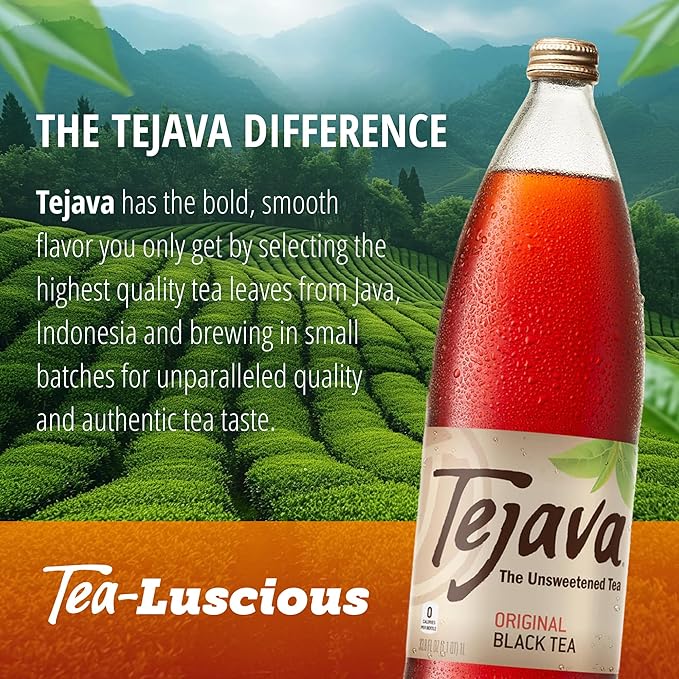 Tejava Original Unsweetened Black Iced Tea, 12 Pack, 1 Liter Glass Bottles, Non-GMO, Kosher, No Sugar or Sweeteners, No calories, No Preservatives, Brewed in Small Batches