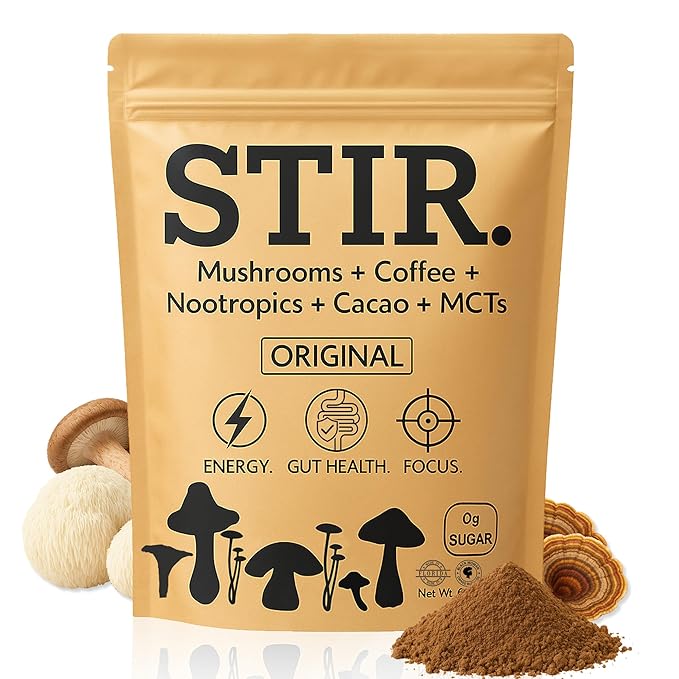 STIR Premium Instant Mushroom Coffee | Lion’s Mane, Chaga, Reishi, Cordyceps, Shiitake, Turkey Tail | Organic Cacao, Vanilla, Coconut MCTs | Focus, Energy, Digestion Support | 30 Servings