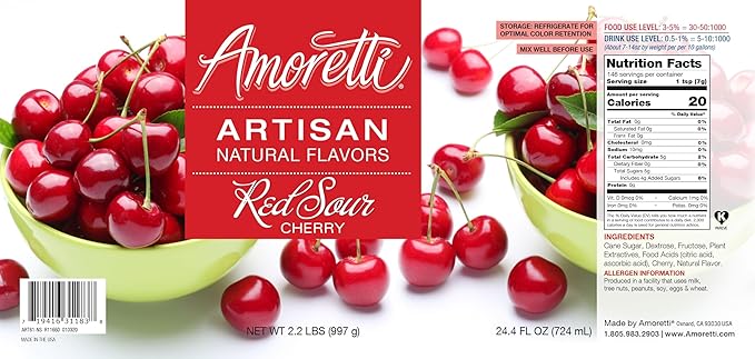 Amoretti - Natural Red Sour Cherry Artisan Flavor Paste, 2.2 lbs, Perfect For Ice Cream, Beverages, Cakes, and more, Preservative Free, Vegan, Gluten Free, No Artificial Sweeteners, Concentrated