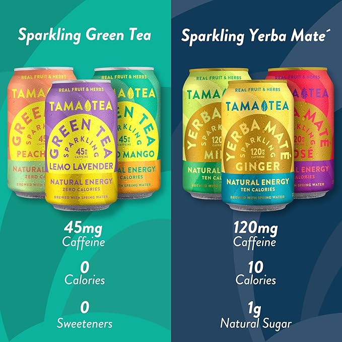 Tama Tea Sugar-Free Sparkling Green Tea, Peach Pear – Organic & Naturally Energizing – Zero Calories, Zero Carbs, Non-GMO – Antioxidant-Rich with 45mg Natural Caffeine – 12 oz Cans (12-Pack)