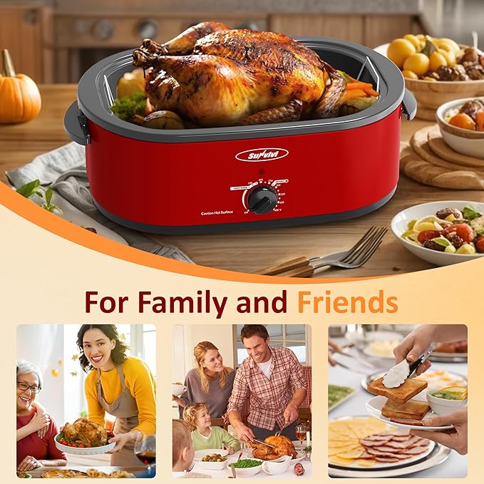 Sunvivi Electric Roaster,18 Quart Roasting Oven with Self-Basting Lid Removable Pan,Turkey Roaster Oven with 150 to 450F Temperature Control Cool-Touch Handles,Red