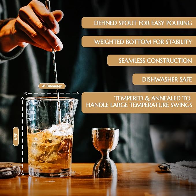 4 Piece Cocktail Kit by Bull In China - Premium Bartender Gift Set Includes Flagship Mixing Glass, 12 inch Barspoon, Bell Jigger & Hawthorne Strainer For Professional & Home Bars (Rainbow Chrome)