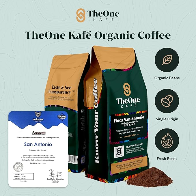 TheOne Kafé Guatemala Dark Roast Ground Coffee – Organic, Single Origin, Premium Specialty Coffee and Ethically Sourced – Fresh Roasted for Espresso, Drip, Pour Over – 12 oz (Pack of 2)