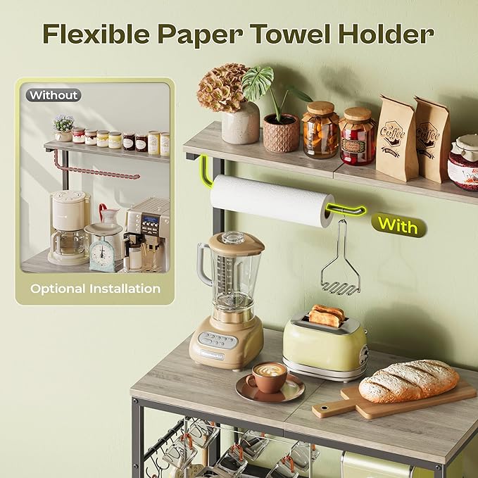 Huuger 4-Tier Bakers Rack with Reversible Power Outlet, 23.6 Inch Microwave Stand, Kitchen Coffee Bar, with Top Shelf, 6 S Hooks, Greige