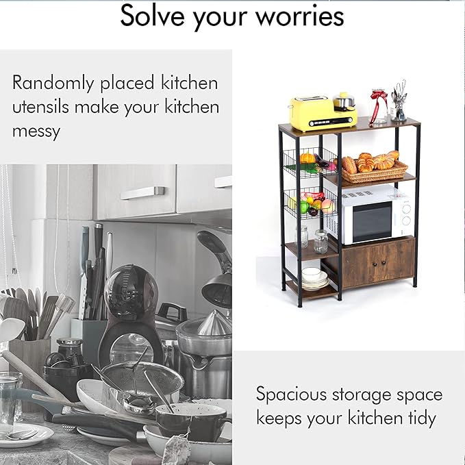 5-Tier Kitchen Bakers Rack,Microwave Oven Stand with Shelves,Utility Storage Shelf with Hutch,Free Standing Kitchen Rack Organizer
