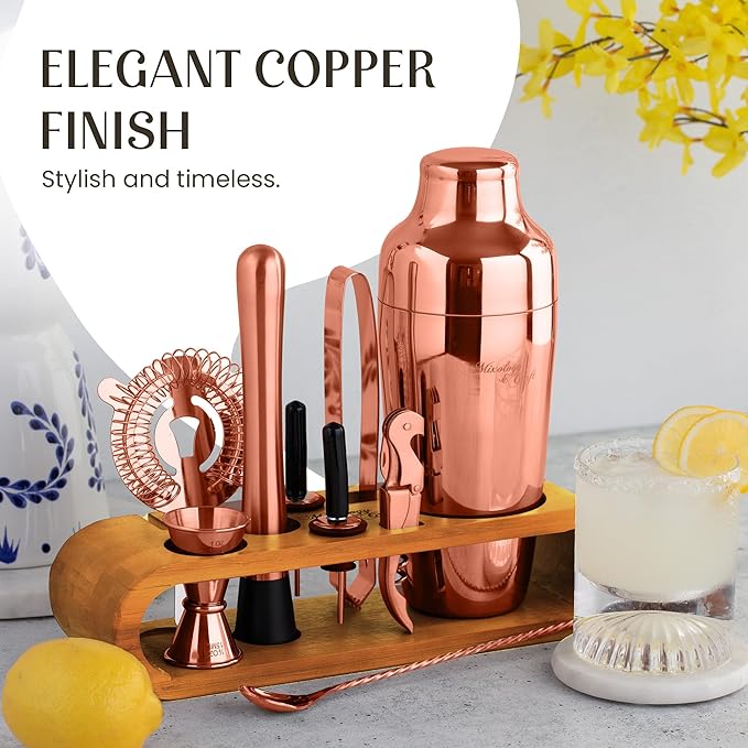 Mixology & Craft Cocktail Shaker Set: 10-Piece Bartender Kit with Stand | Complete at Home Bar Set with Bar Accessories | Great Housewarming Gift | Leak-Proof Design (Copper)