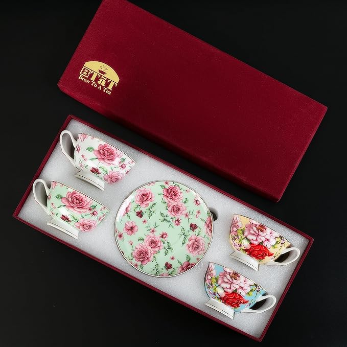 BTaT- Floral Tea Cups and Saucers with Gift Box, 8 oz, Tea Cups Set of 4, Christmas Gifts