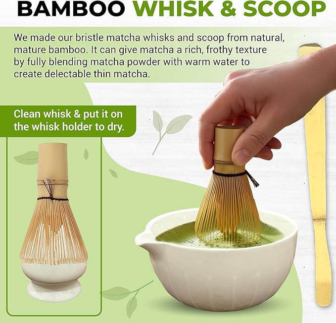 Matcha Whisk Set with Matcha Bowl - Matcha Set Included Electric Frother, Bamboo Whisk, Matcha Spoon, Bamboo Holder, Sifter, Spoon Stand (Simple White)