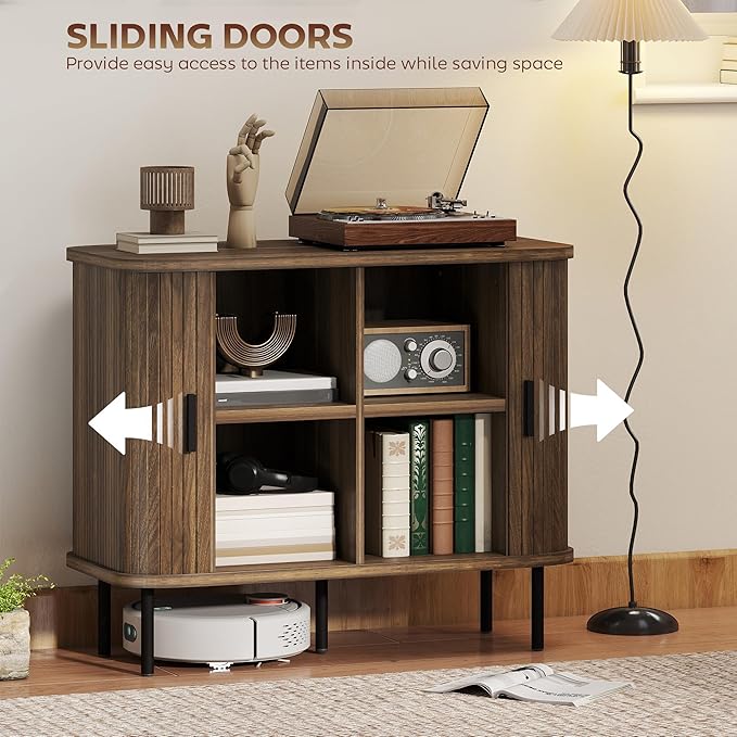HOMCOM 35.4" Sideboard Buffet Cabinet with Storage, Nordic Coffee Bar Cabinet with Slatted Tambour Doors and Metal Legs, Kitchen Credenza, Walnut