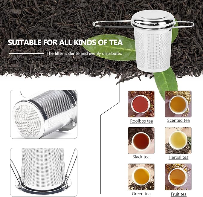 Tea Infuser,Stainless Steel Tea Steeper Fine Mesh Filters, Large Capacity Tea Strainer With Folding Handle And Lid,Hanging On Teapots Mugs Cups To Steep Loose Leaf Tea And Coffee(1 Piece,Silver)