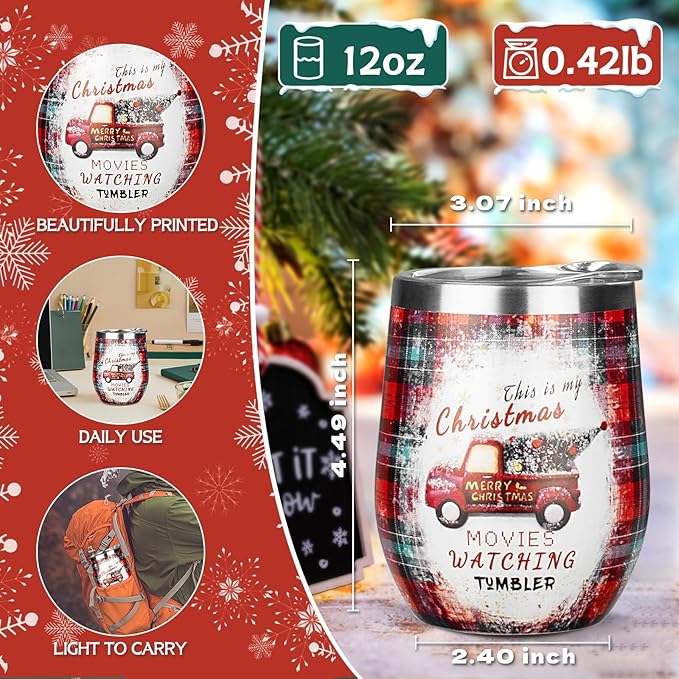 Christmas Wine Tumbler 12 oz Christmas Stainless Steel Wine Glass with Lid and Straw Stemless Double Wall Insulated Wine Cups Keeping Cold & Hot for Holiday Xmas Wedding Party Gifts (trucks)