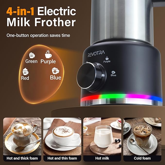 Milk Frother and Steamer, 500ml 4-in-1 Electric Foam Maker with Dial Control & LED Indicator, Hot & Cold Milk Frother, Non-Stick Stainless Steel, Silent, Easy to Clean, for Coffee, christmas gift