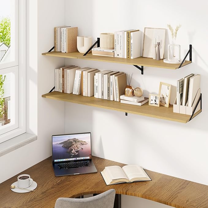 Fun Memories Floating Shelves for Wall, 12 Inch Deep Floating Shelves Set of 2, 16W x 12D Large Wall Shelf with Sturdy Metal Brackets for Living Room, Bathroom, Bedroom and Kitchen, Oak
