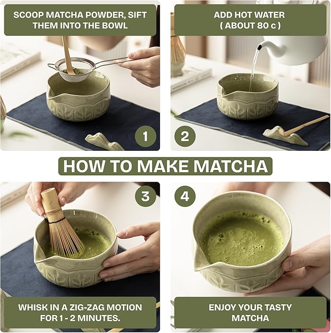 Matcha Whisk Set 8 Pcs Green Matcha Set with Matcha Bowl (Chawan), Whisk, Holder & Accessories – Complete Matcha Kit for Ceremony, Traditional Tea Set for Making Latte, Gift for Family & Friends