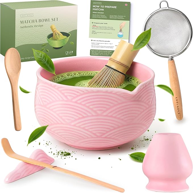 Matcha Kit Whisk Set (7 Pcs) - Complete Matcha Set, Matcha Bowl with Spout, Whisk with Holder, Bamboo Scoop with Rest and Sifter, Perfect Kit for Matcha Lovers (Sakura Pink)