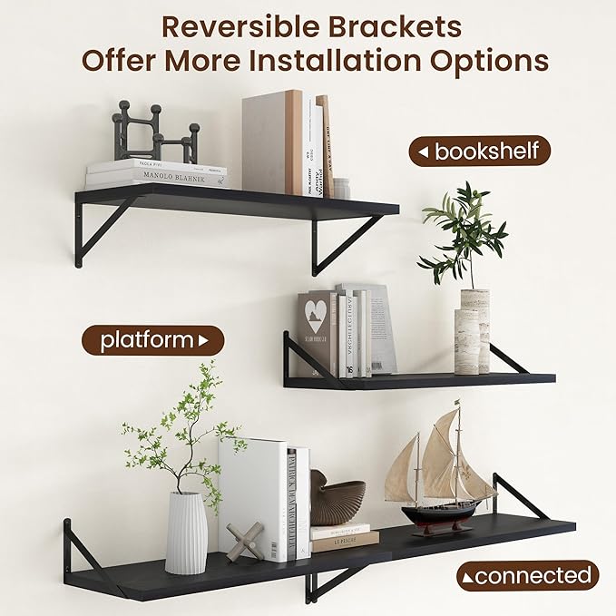 Axeman Deep Floating Shelves - 30 Inch Black Floating Shelves Set of 2-12 Inch Deep Wood Wall Shelves for Living Room Bathroom Kitchen