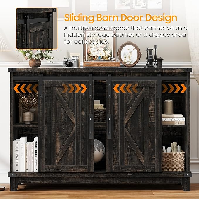 Vabches 6 Cube Storage Organizer, Farmhouse Bookshelf with Sliding Doors & 3 Adjustable Shelves Wooden Coffee Bar Buffet Cabinet 2-Tier Cabinet Rack for Bedroom, Living Room, Office (Dark Brown)
