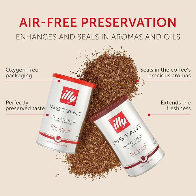 Illy Instant Coffee, Classico Medium Roast & Intenso Dark Roast – Mild & Balanced & Bold & Full-Bodied – 100% Arabica – Sealed for Freshness – 3.3oz Cans (Pack of 6)