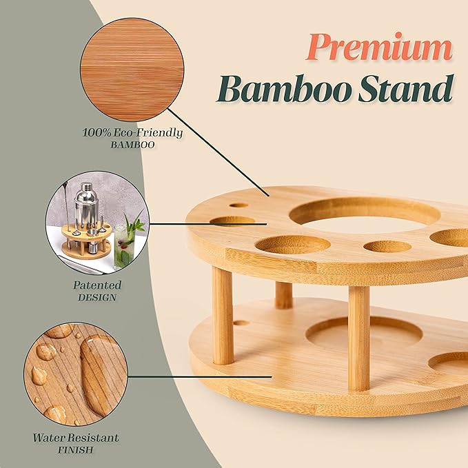 Mixology Bartender Kit Cocktail Shaker Set by Barillio: Drink Mixer Set with Bar Tools, Bamboo Stand Cocktail Mixer Mixing Spoon Mojito Muddler Jigger Liquor Pourers Recipes Booklet