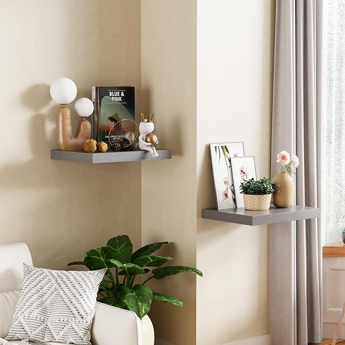 Grey 12 Inch Deep Floating Shelves - Set of 2, Wood Live Edge Shelves for Wall Storage, Bathroom, Bedroom, Kitchen, Office