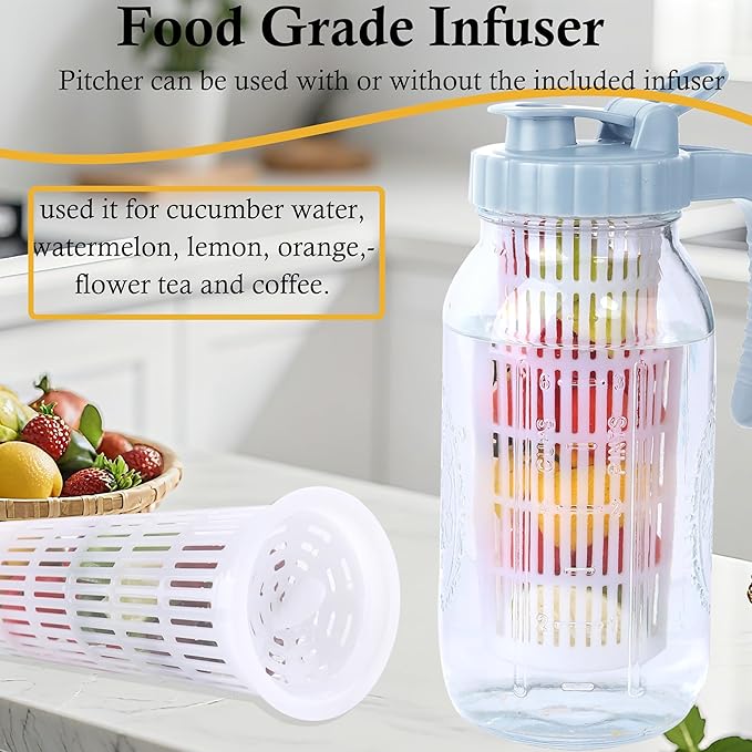 64 Oz Glass Pitcher With Infuser Lid Half Gallon Mason Ja Fruit Infused Cold Hot Water Pitcher 2 Quart Wide Mouth Sun Tea Jar For Outside For Fridge Lemonade, Beverage,Milk,Juice, Cold Brew Container