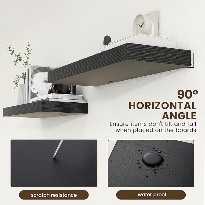 Deep Floating Shelves | 36 Inch Black Floating Shelves Set of 2 | 12 Inch Deep Rustic Wood Shelves for Wall | 36" W x 12" D Black Shelves for Living Room Bathroom Laundry Room Kitchen