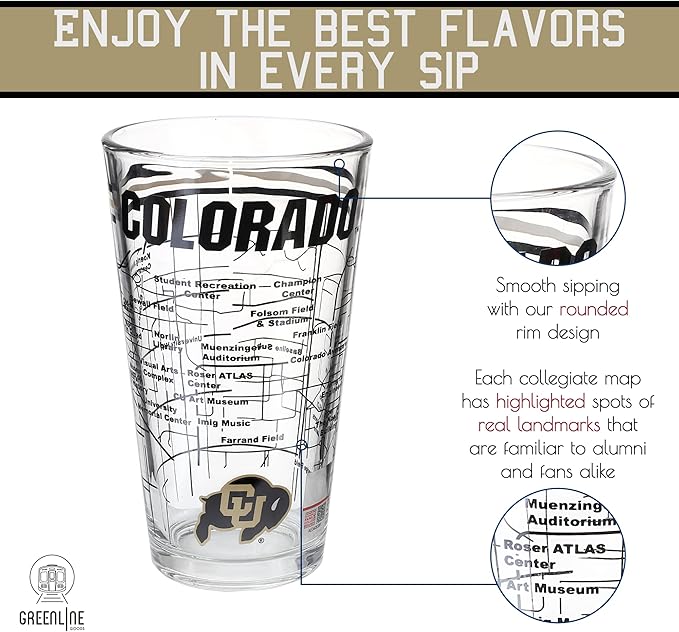 Greenline Goods – University of Colorado Buffaloes College Pint Beer Glasses (Set of 2), 16 oz – Full-Color Logo + Campus Map