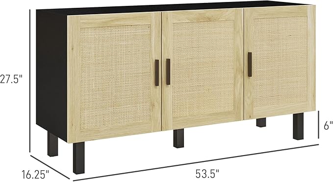 HOMCOM Boho Sideboard Buffet Cabinet, Coffee Bar Cabinet with 3 Rattan Doors and Adjustable Shelves for Kitchen, Living Room, Black and Natural