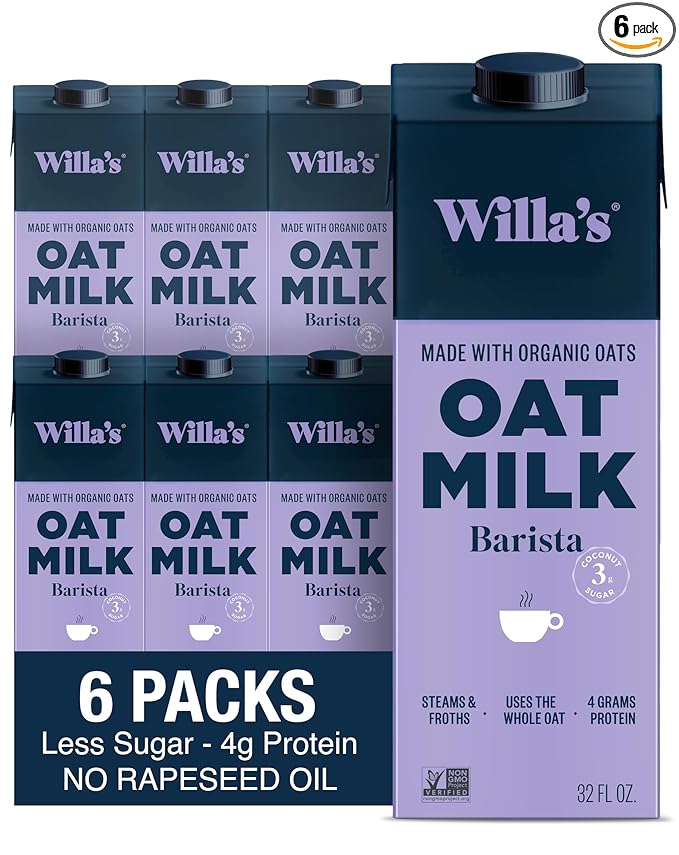 Willa's Organic Barista Oat Milk - Barista Blend Unsweetened Oatmilk and Creamer, Non-GMO, Shelf Stable, Low Sugar, Non-Dairy Milk, Made from Whole Grain Oats, For Foams and Froth, 32oz, Pack of 6