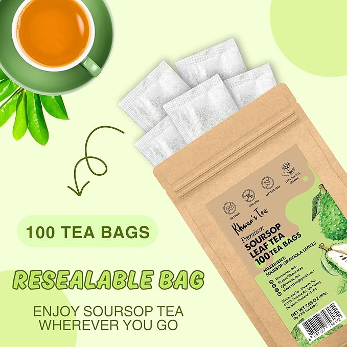 KHWAN’S TEA Premium Soursop Tea Bags, Pure Graviola Leaves, Handpicked Guanabana Leaf Herbal Tea, Caffeine-Free, No Sugar, Gluten-Free, Flavorful & Nutrient-Rich, Soursop Leaves Tea (2g/bag)