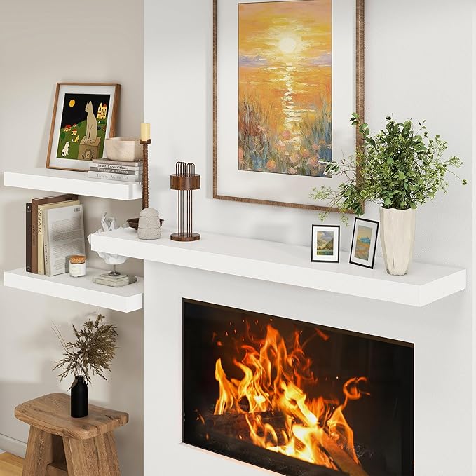 12 Inch Deep Floating Shelves | 55 Inch White Floating Shelves | 55" W x 12" D Rustic Wood Shelves for Wall | Deep White Shelves for Living Room Bathroom Laundry Room Kitchen