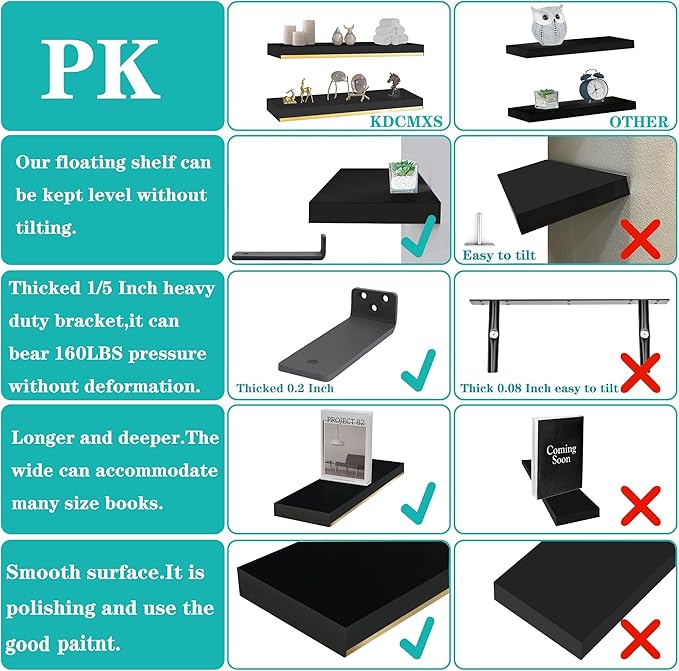 Thick 1.78 Inch Black and Gold Foating Shelves With Thicked 1/5 Inch Heavy Duty Bracket,Black Gold Shelf Pine Wood Long 36 ×7.87 Inch Wall Shelves With Stainless Steel Trim Strip for Bedroom Set of 2