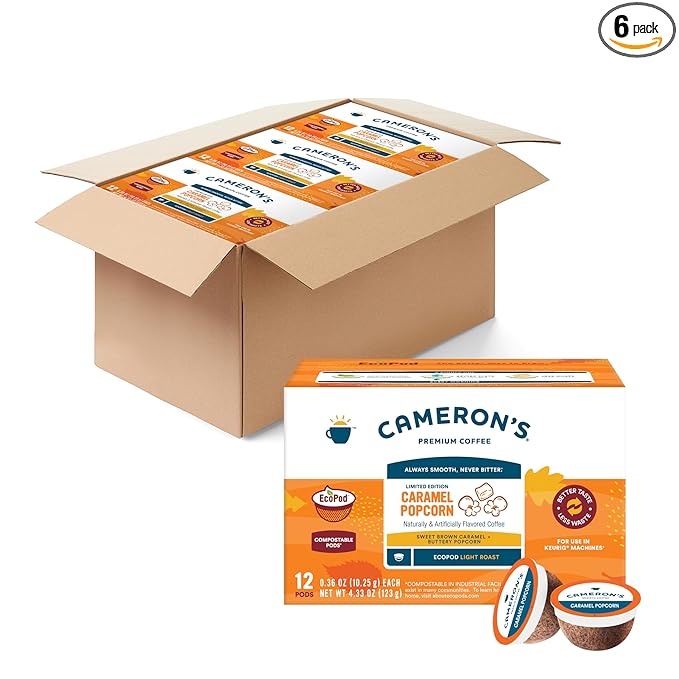 Cameron's Coffee Single Serve Pods, Caramel Popcorn, Smooth Flavored Coffee, Sustainable, Small-batch Roasted, 12 Count (Pack of 6)