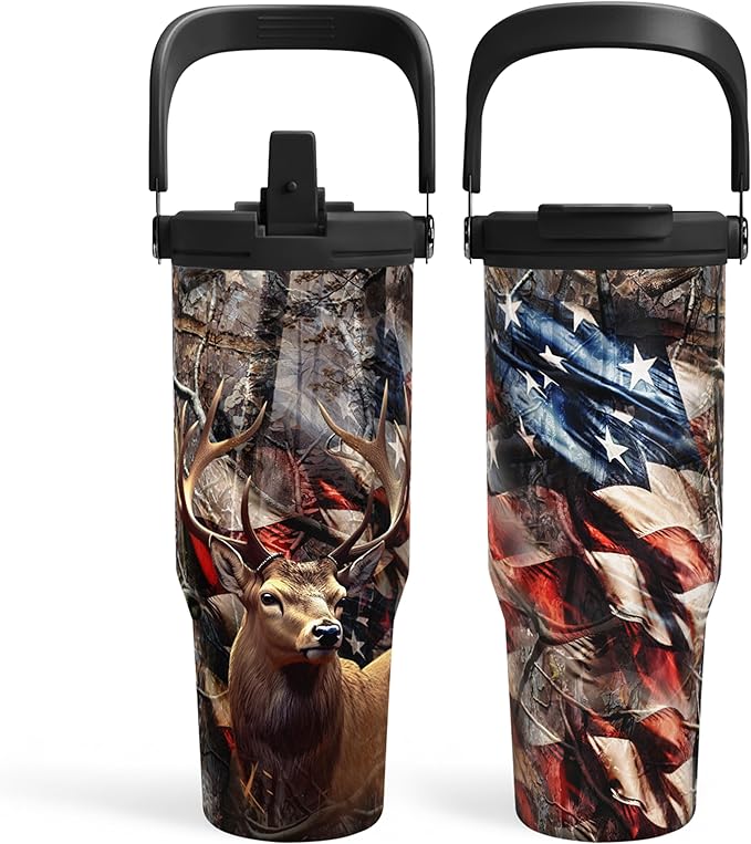 SANDJEST Hunting Gift for Men, Deer Hunting Tumbler with Handle, 30oz Flip Straw Stainless Steel Insulated Coffee Travel Cup, Gifts for Hunter Dad Grandpa for Birthday Christmas Fathers Day