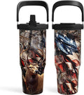 SANDJEST Hunting Gift for Men, Deer Hunting Tumbler with Handle, 30oz Flip Straw Stainless Steel Insulated Coffee Travel Cup, Gifts for Hunter Dad Grandpa for Birthday Christmas Fathers Day