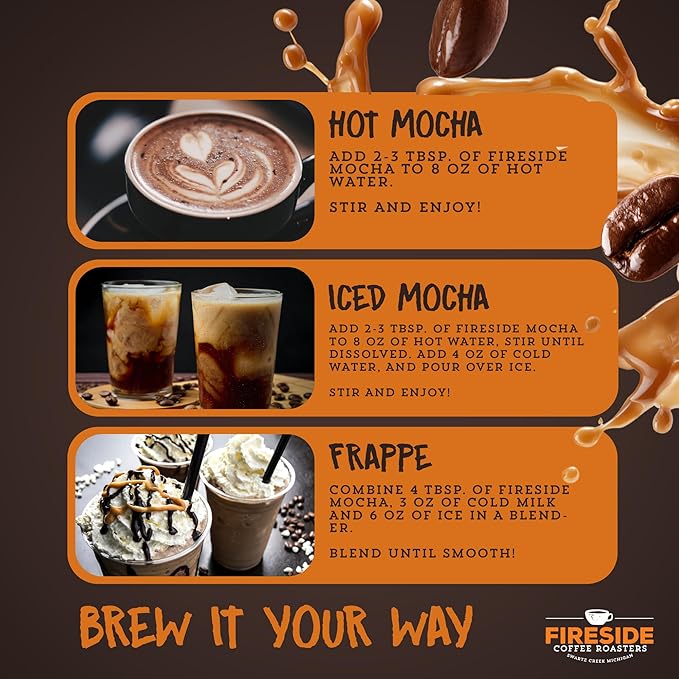 Fireside Coffee Toasted Coconut Cafe Mocha - Instant Coffee Chocolate Blend - Premium Caffeinated Drink Mix for Hot, Iced, Milkshake, and Mocha Frappe Mix, Only Add Water and Enjoy, 8 Ounces
