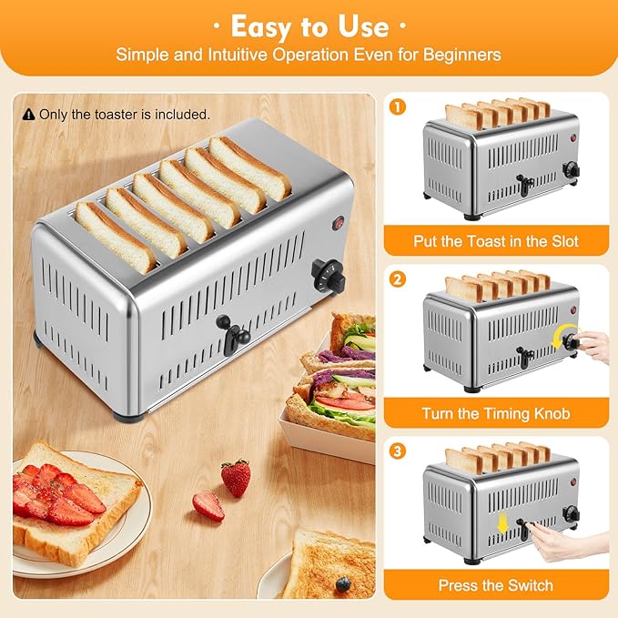 6 Slice Toaster 1.1in Wide Slot, Commercial Toaster with 2 Toasting Modes(4 or 6 Slices), 201 Stainless Steel Bread Baking Machine for Various Toast Types, 1680W 110V