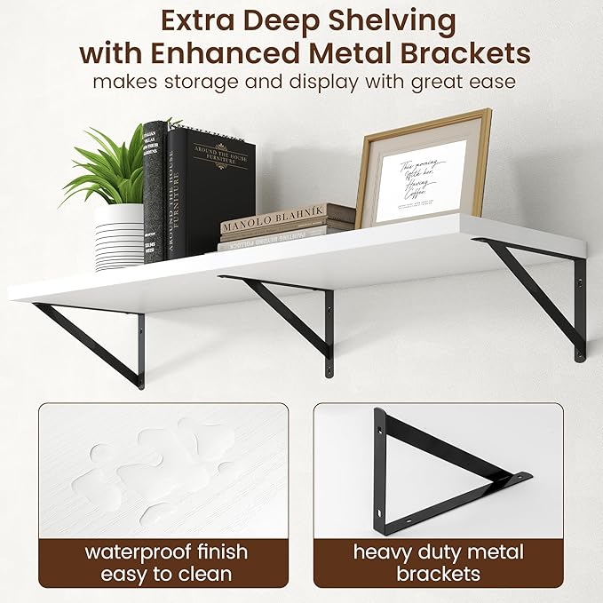 Axeman Deep Floating Shelves - 40 Inch White Floating Shelves Set of 2-12 Inch Deep Wood Wall Shelves for Living Room Bathroom Kitchen